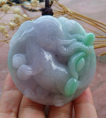 Certified Hand Carved Lavender Green 100% Natural Myanmar Burma A Jade Jadeite Ruyi Fly Elephant Pendant Necklace