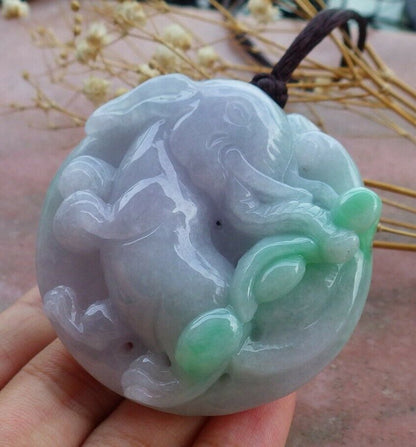 Certified Hand Carved Lavender Green 100% Natural Myanmar Burma A Jade Jadeite Ruyi Fly Elephant Pendant Necklace