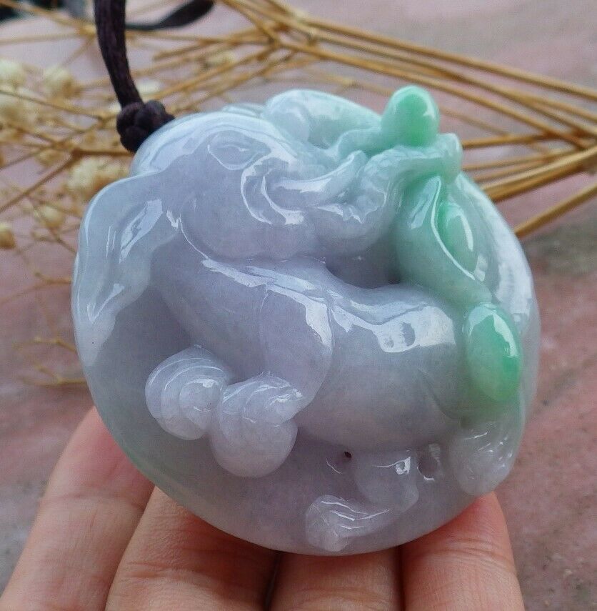 Certified Hand Carved Lavender Green 100% Natural Myanmar Burma A Jade Jadeite Ruyi Fly Elephant Pendant Necklace