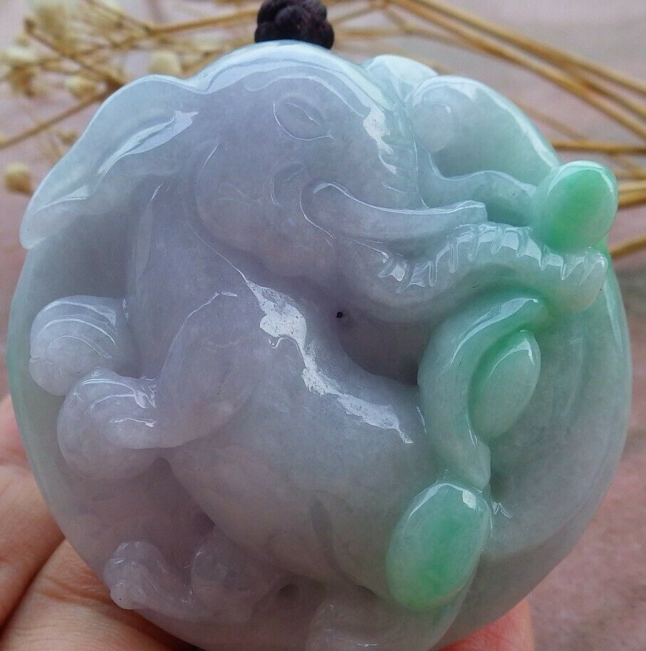 Certified Hand Carved Lavender Green 100% Natural Myanmar Burma A Jade Jadeite Ruyi Fly Elephant Pendant Necklace