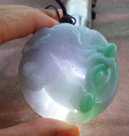 Certified Hand Carved Lavender Green 100% Natural Myanmar Burma A Jade Jadeite Ruyi Fly Elephant Pendant Necklace