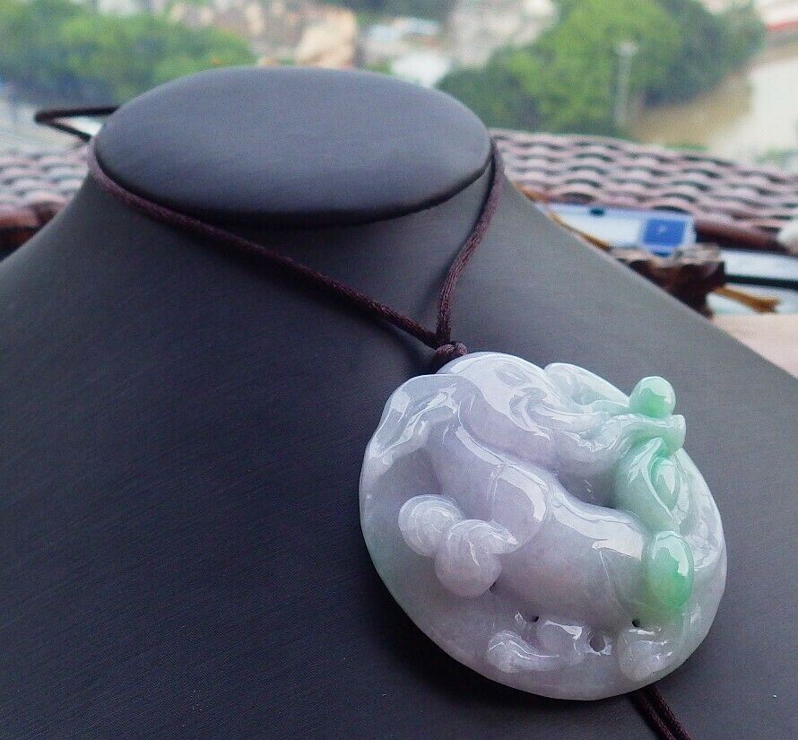 Certified Hand Carved Lavender Green 100% Natural Myanmar Burma A Jade Jadeite Ruyi Fly Elephant Pendant Necklace