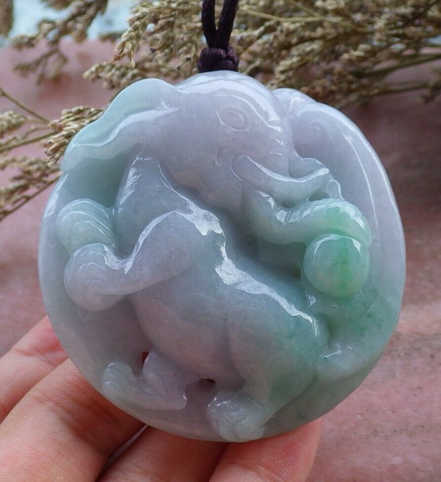 Certified Hand Carved Lavender Green 100% Natural Myanmar Burma A Jade Jadeite Ruyi Fly Elephant Pendant Necklace