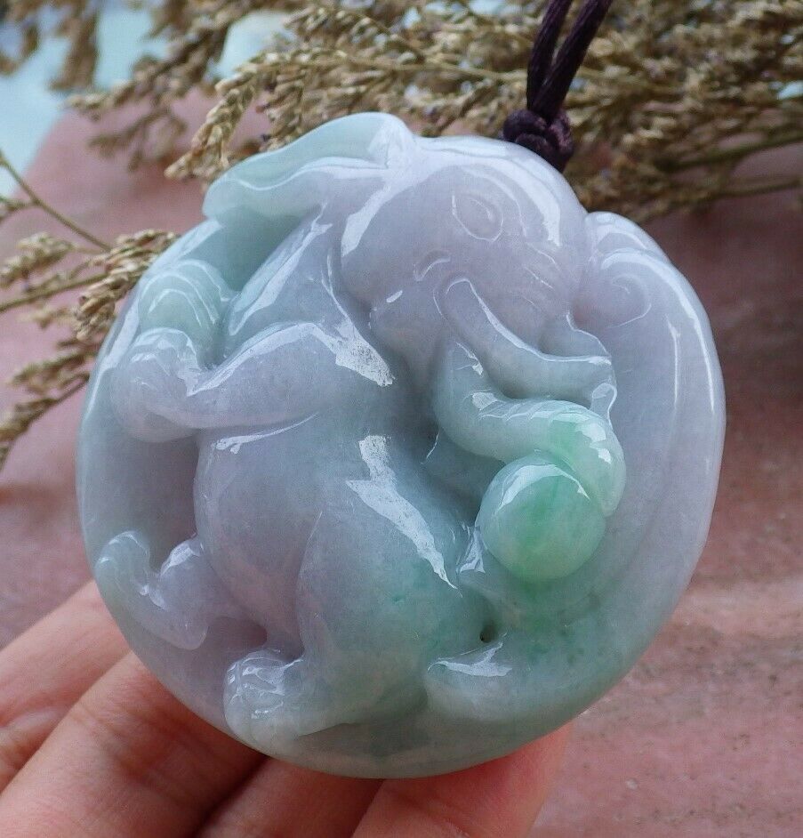 Certified Hand Carved Lavender Green 100% Natural Myanmar Burma A Jade Jadeite Ruyi Fly Elephant Pendant Necklace