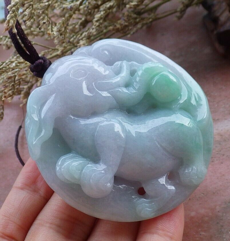 Certified Hand Carved Lavender Green 100% Natural Myanmar Burma A Jade Jadeite Ruyi Fly Elephant Pendant Necklace