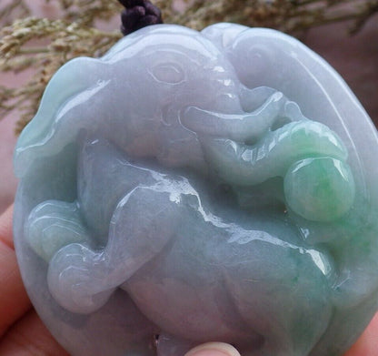 Certified Hand Carved Lavender Green 100% Natural Myanmar Burma A Jade Jadeite Ruyi Fly Elephant Pendant Necklace