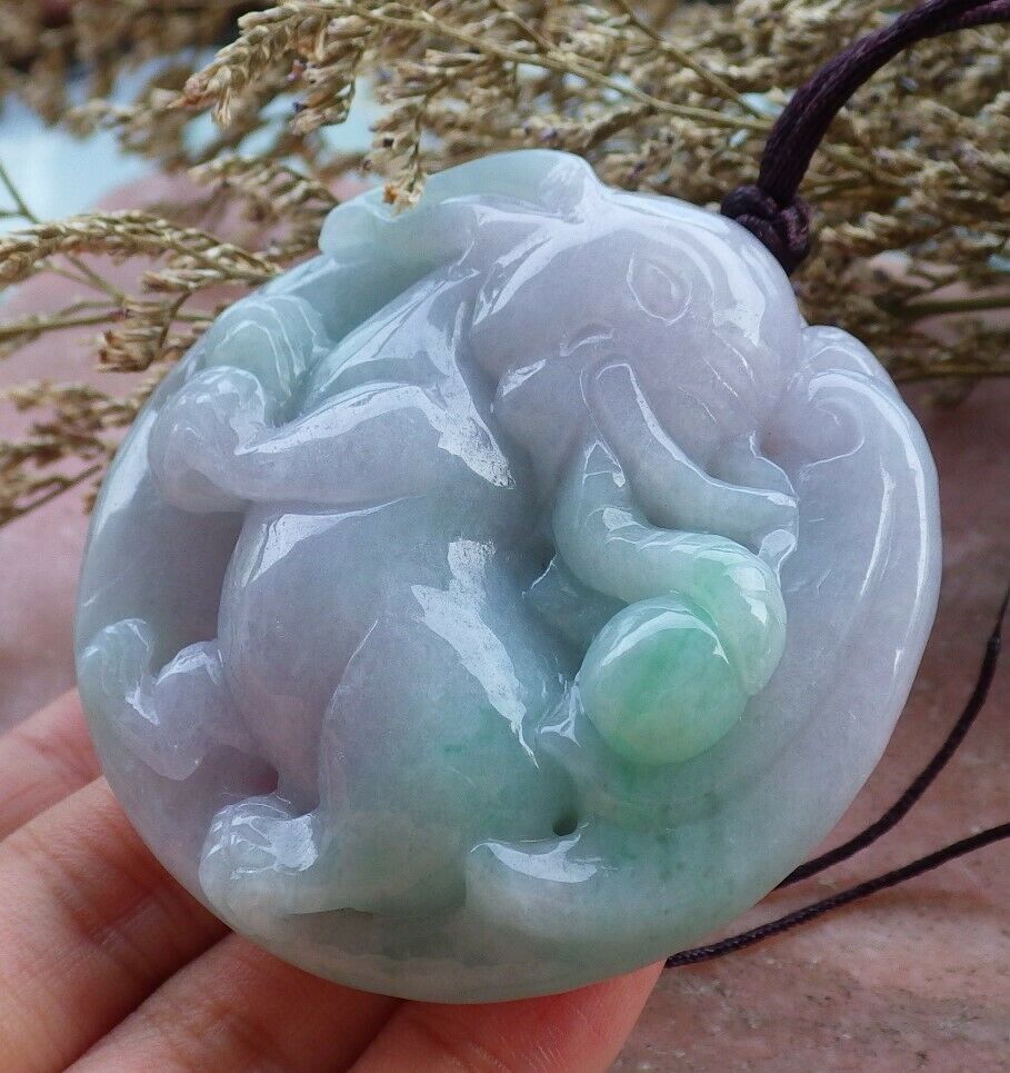 Certified Hand Carved Lavender Green 100% Natural Myanmar Burma A Jade Jadeite Ruyi Fly Elephant Pendant Necklace