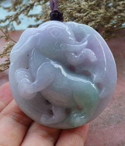 Certified Hand Carved Lavender Green 100% Natural Myanmar Burma A Jade Jadeite Ruyi Fly Elephant Pendant Necklace