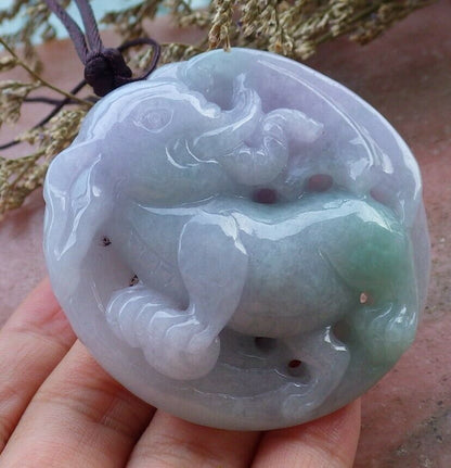 Certified Hand Carved Lavender Green 100% Natural Myanmar Burma A Jade Jadeite Ruyi Fly Elephant Pendant Necklace