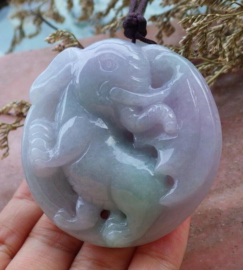 Certified Hand Carved Lavender Green 100% Natural Myanmar Burma A Jade Jadeite Ruyi Fly Elephant Pendant Necklace