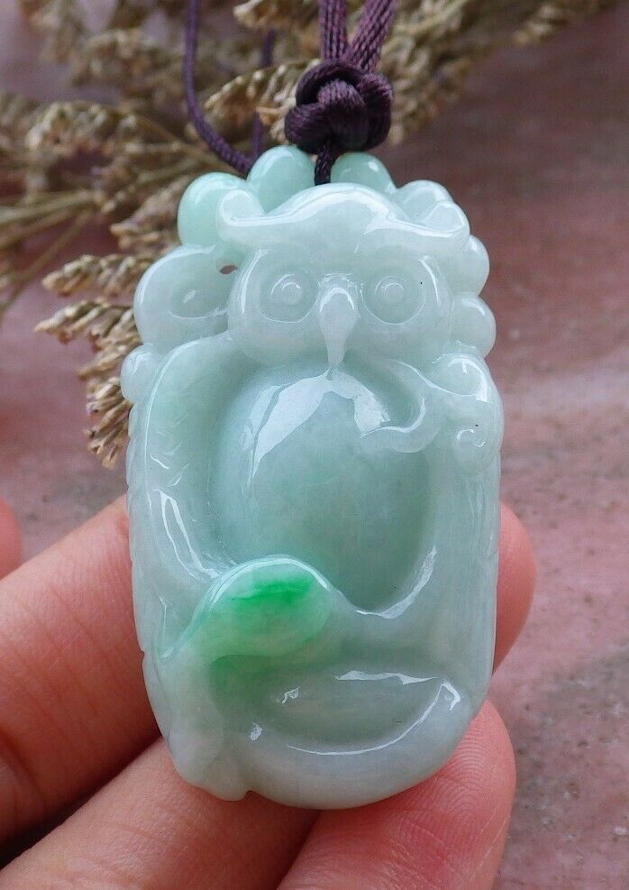 Certified Hand Carved Green Natural Myanmar Burma A Jade jadeite Owl Lotus Flower Ruyi Pendant Necklace