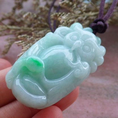 Certified Hand Carved Green Natural Myanmar Burma A Jade jadeite Owl Lotus Flower Ruyi Pendant Necklace