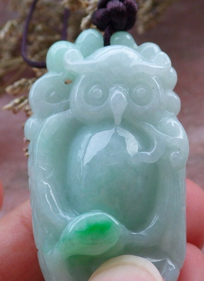 Certified Hand Carved Green Natural Myanmar Burma A Jade jadeite Owl Lotus Flower Ruyi Pendant Necklace