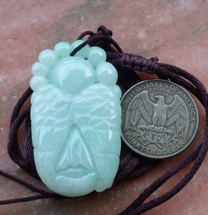 Certified Hand Carved Green Natural Myanmar Burma A Jade jadeite Owl Lotus Flower Ruyi Pendant Necklace