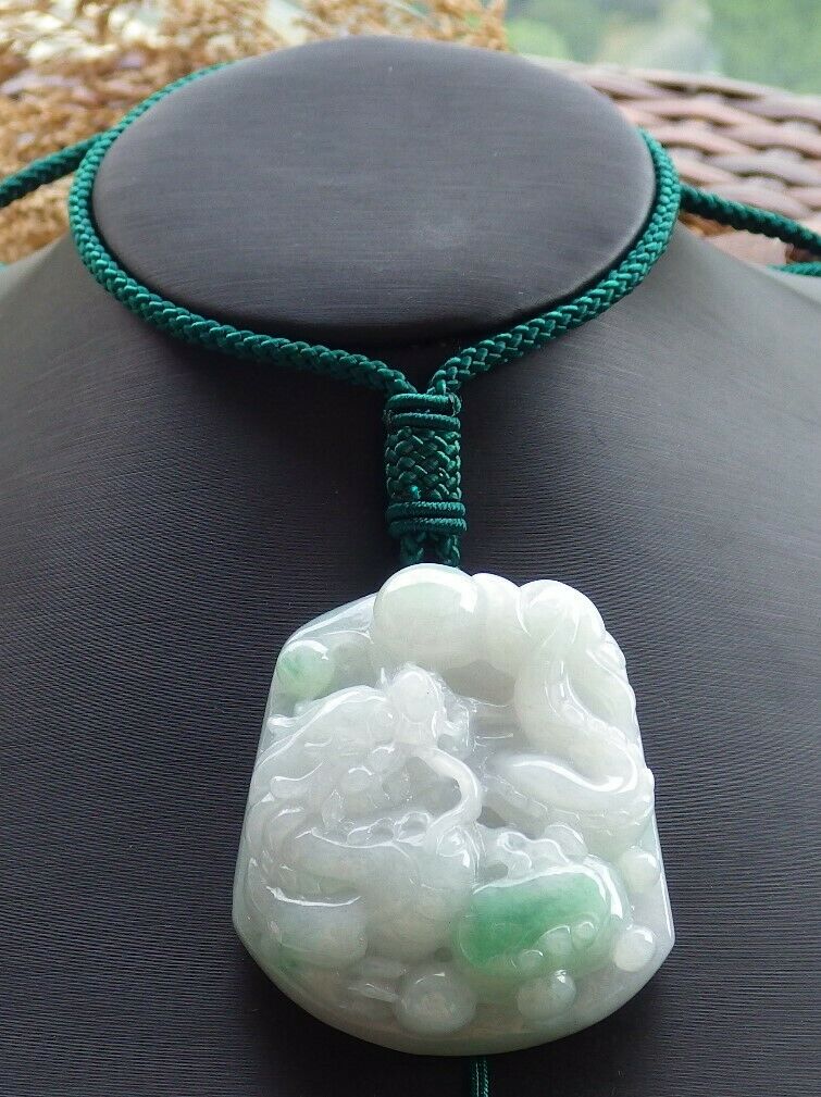 Certified Hand Carved Green 100% Natural Myanmar Burma A Jade jadeite Dragon Ruyi Pendant Necklace