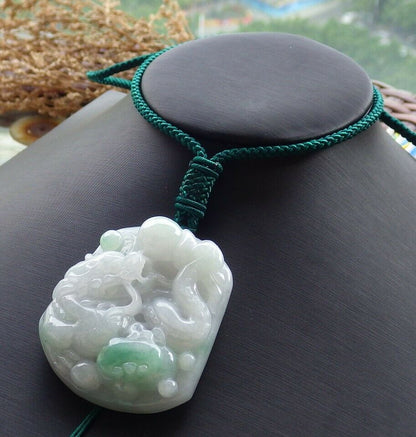 Certified Hand Carved Green 100% Natural Myanmar Burma A Jade jadeite Dragon Ruyi Pendant Necklace