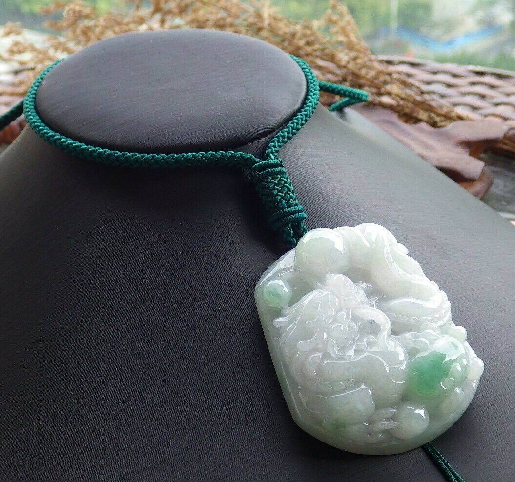 Certified Hand Carved Green 100% Natural Myanmar Burma A Jade jadeite Dragon Ruyi Pendant Necklace