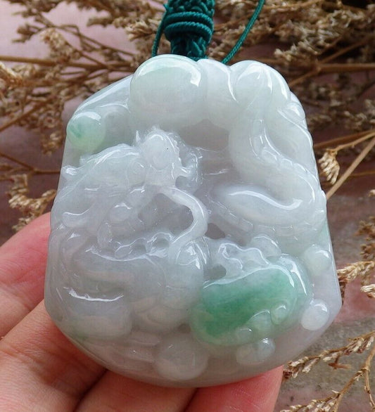 Certified Hand Carved Green 100% Natural Myanmar Burma A Jade jadeite Dragon Ruyi Pendant Necklace