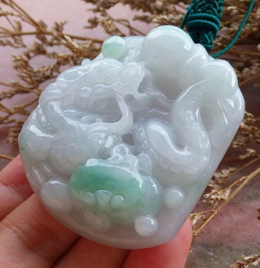 Certified Hand Carved Green 100% Natural Myanmar Burma A Jade jadeite Dragon Ruyi Pendant Necklace