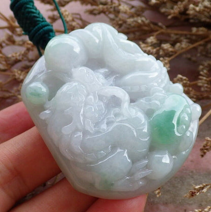 Certified Hand Carved Green 100% Natural Myanmar Burma A Jade jadeite Dragon Ruyi Pendant Necklace