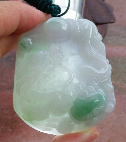 Certified Hand Carved Green 100% Natural Myanmar Burma A Jade jadeite Dragon Ruyi Pendant Necklace