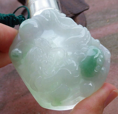 Certified Hand Carved Green 100% Natural Myanmar Burma A Jade jadeite Dragon Ruyi Pendant Necklace