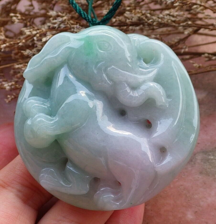 Certified Hand Carved Lavender Green 100% Natural Myanmar Burma A Jade Jadeite Ruyi Fly Elephant Pendant Necklace