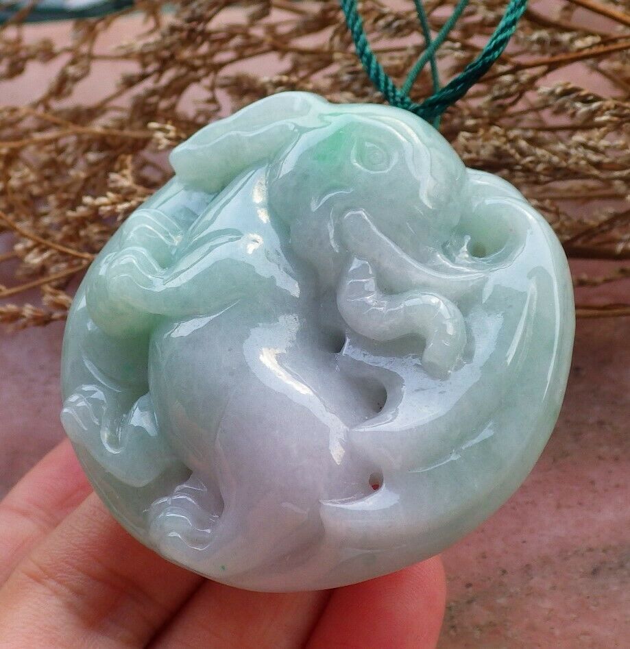 Certified Hand Carved Lavender Green 100% Natural Myanmar Burma A Jade Jadeite Ruyi Fly Elephant Pendant Necklace