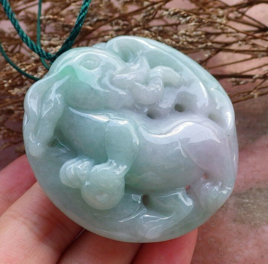 Certified Hand Carved Lavender Green 100% Natural Myanmar Burma A Jade Jadeite Ruyi Fly Elephant Pendant Necklace