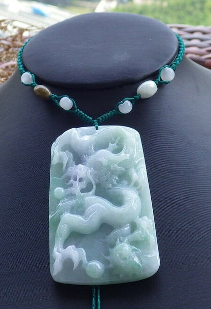 Certified Hand Carved Lavender Green Myanmar Burma Natural A Jade jadeite Dragon Bead Pendant Necklace