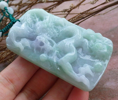 Certified Hand Carved Lavender Green Myanmar Burma Natural A Jade jadeite Dragon Bead Pendant Necklace