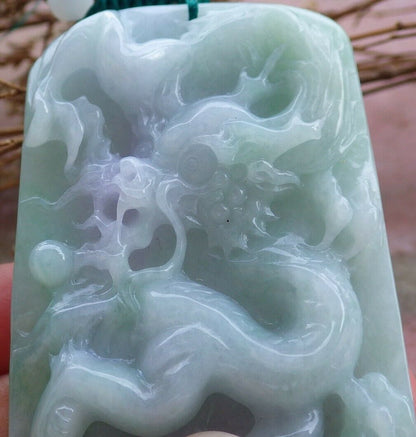 Certified Hand Carved Lavender Green Myanmar Burma Natural A Jade jadeite Dragon Bead Pendant Necklace