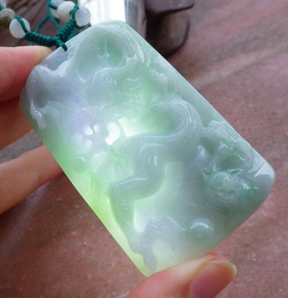 Certified Hand Carved Lavender Green Myanmar Burma Natural A Jade jadeite Dragon Bead Pendant Necklace