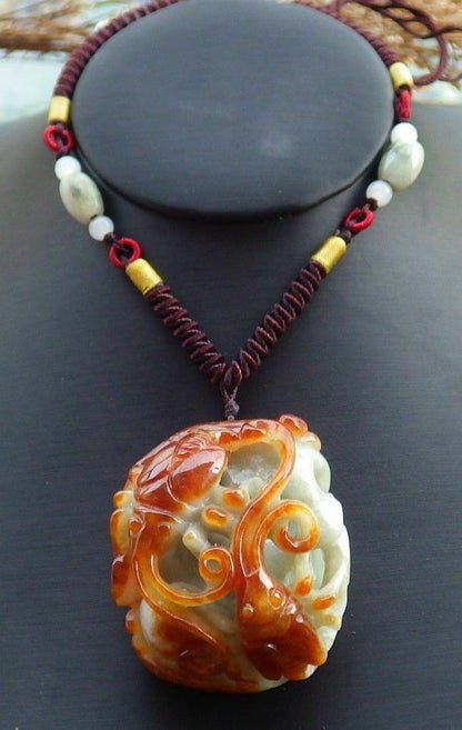 Certified Hand Carved Red Natural Myanmar Burma A Jade jadeite Twin Beetle Leaf Pendant Necklace