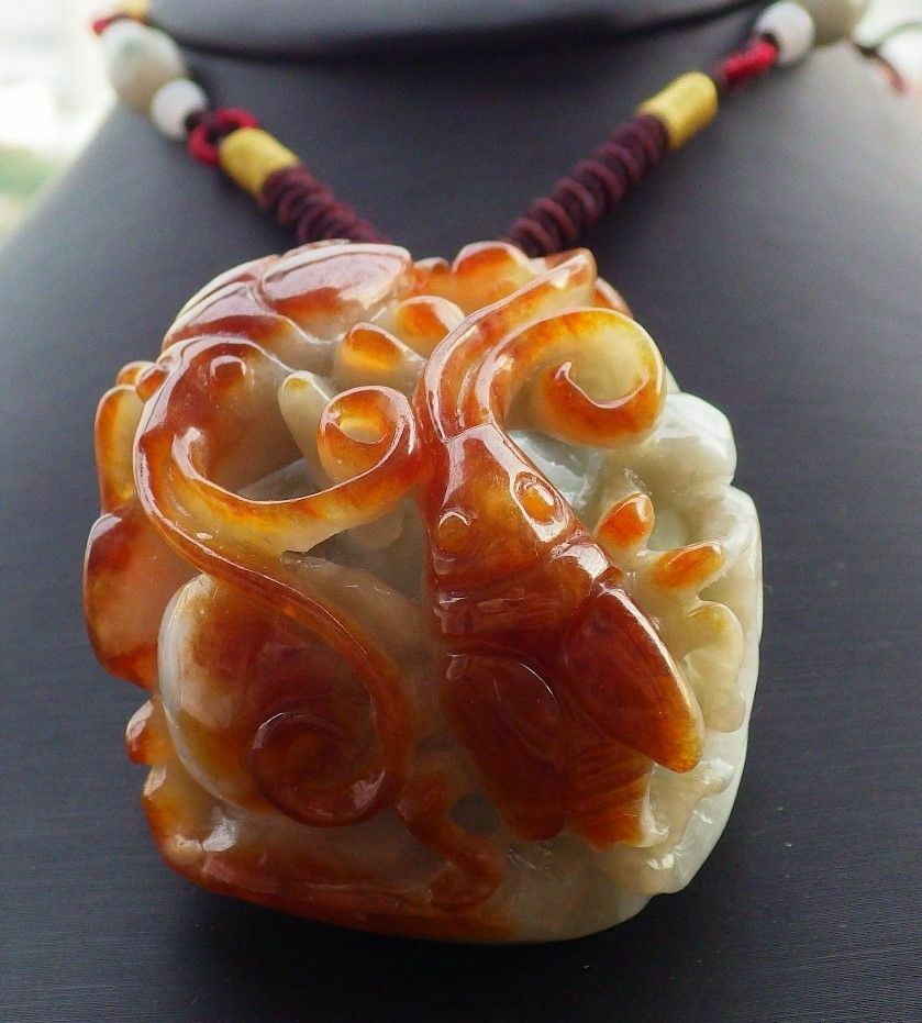 Certified Hand Carved Red Natural Myanmar Burma A Jade jadeite Twin Beetle Leaf Pendant Necklace