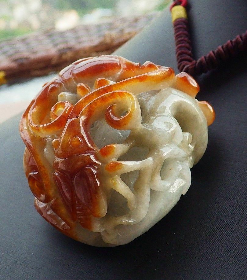 Certified Hand Carved Red Natural Myanmar Burma A Jade jadeite Twin Beetle Leaf Pendant Necklace