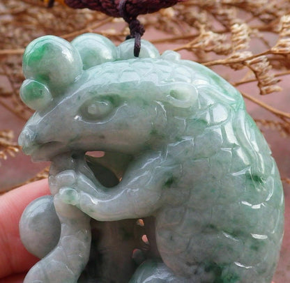 Certified Hand Carved Green Natural Myanmar Burma A Jade jadeite Mouse Rat Bead Ruyi Pendant Necklace