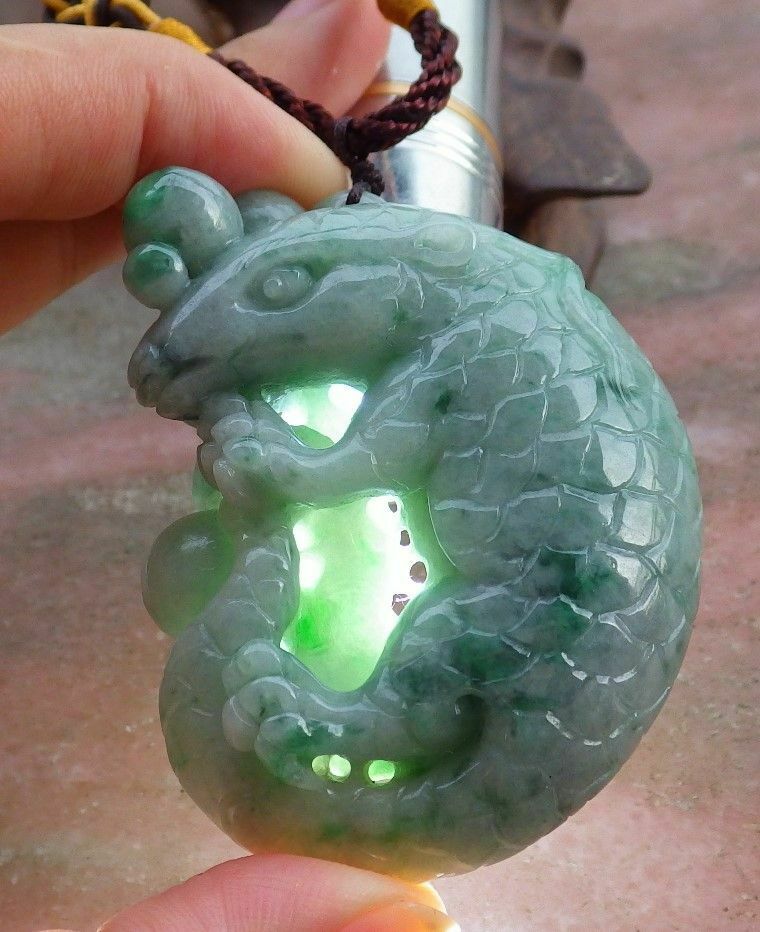 Certified Hand Carved Green Natural Myanmar Burma A Jade jadeite Mouse Rat Bead Ruyi Pendant Necklace