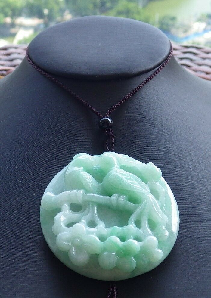 Certified Green Natural Myanmar Burma A Jade Jadeite Phoenix Mandarin Duck Ruyi Peach Blossom Flower Pendant Necklace