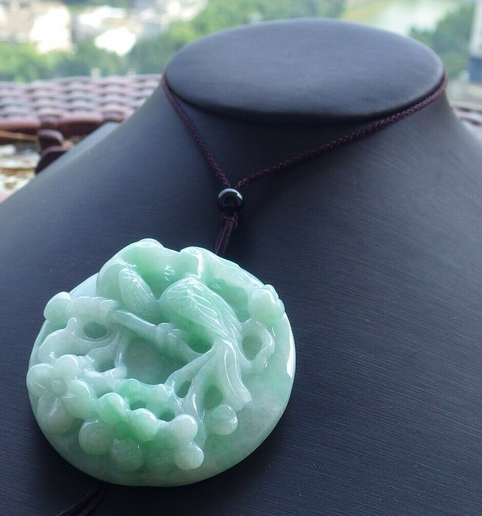 Certified Green Natural Myanmar Burma A Jade Jadeite Phoenix Mandarin Duck Ruyi Peach Blossom Flower Pendant Necklace