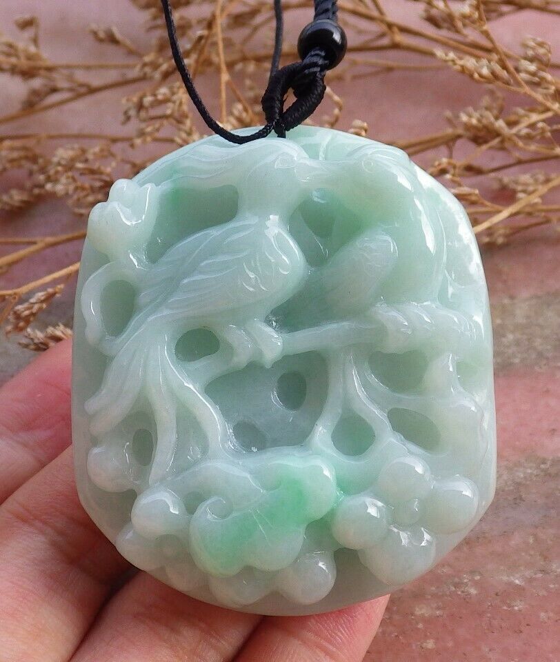 Certified Green Natural Myanmar Burma A Jade Jadeite Phoenix Mandarin Duck Phoenix Ruyi Peach Blossom Flower Pendant Necklace