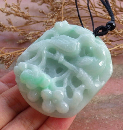 Certified Green Natural Myanmar Burma A Jade Jadeite Phoenix Mandarin Duck Phoenix Ruyi Peach Blossom Flower Pendant Necklace