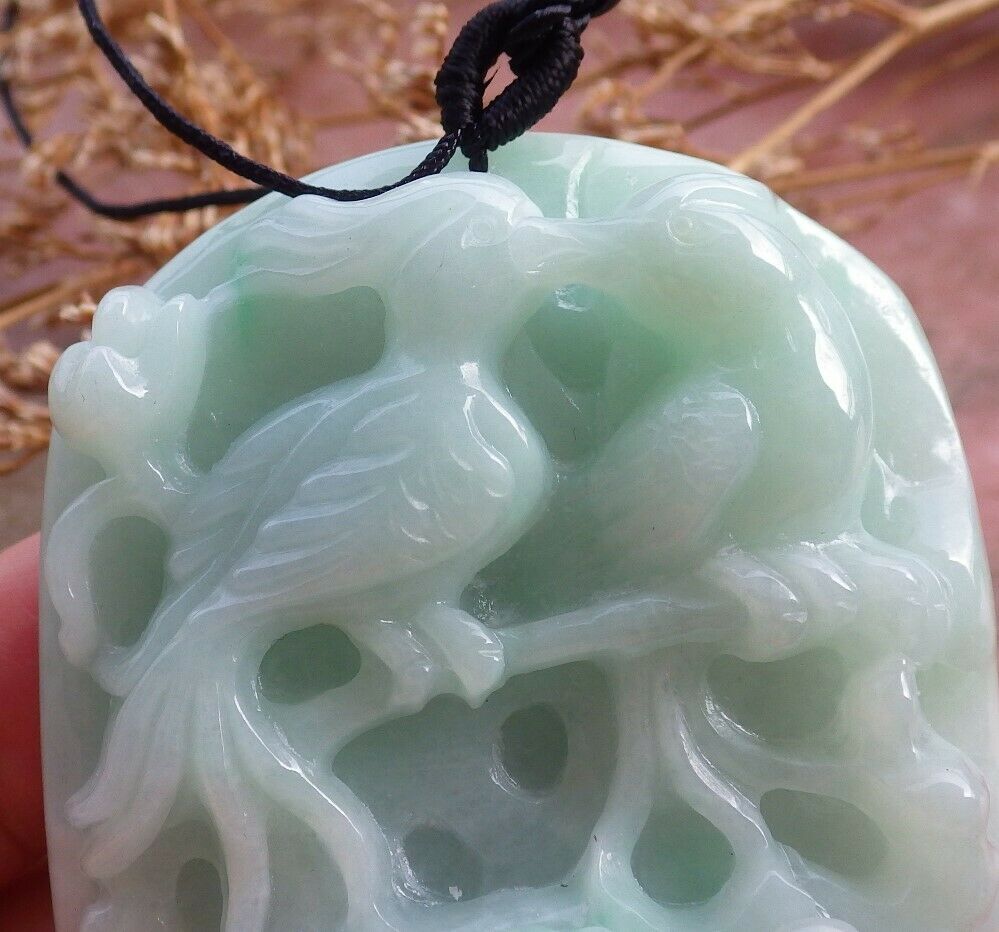 Certified Green Natural Myanmar Burma A Jade Jadeite Phoenix Mandarin Duck Phoenix Ruyi Peach Blossom Flower Pendant Necklace