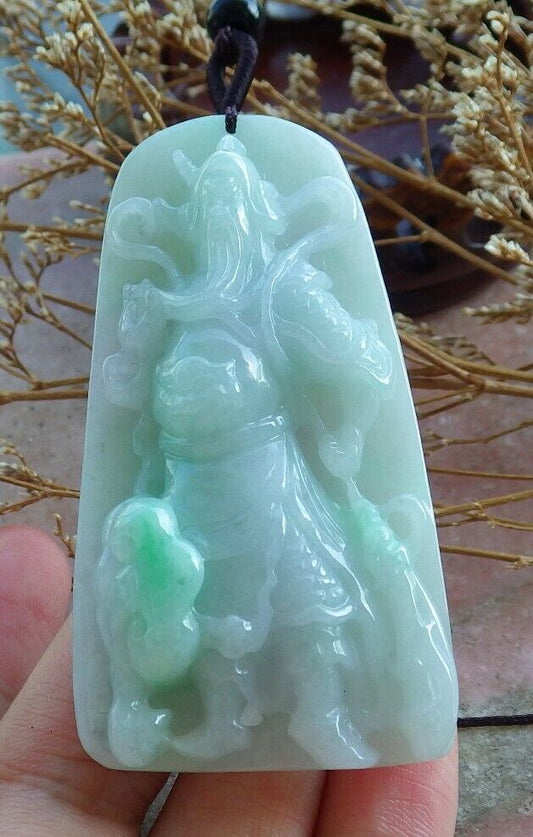 Certified Hand Carved Green Lavender Natural Myanmar Burma A Jade jadeite Guan Gong God Sword Bat Pendant Necklace