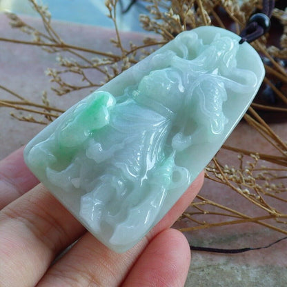 Certified Hand Carved Green Lavender Natural Myanmar Burma A Jade jadeite Guan Gong God Sword Bat Pendant Necklace