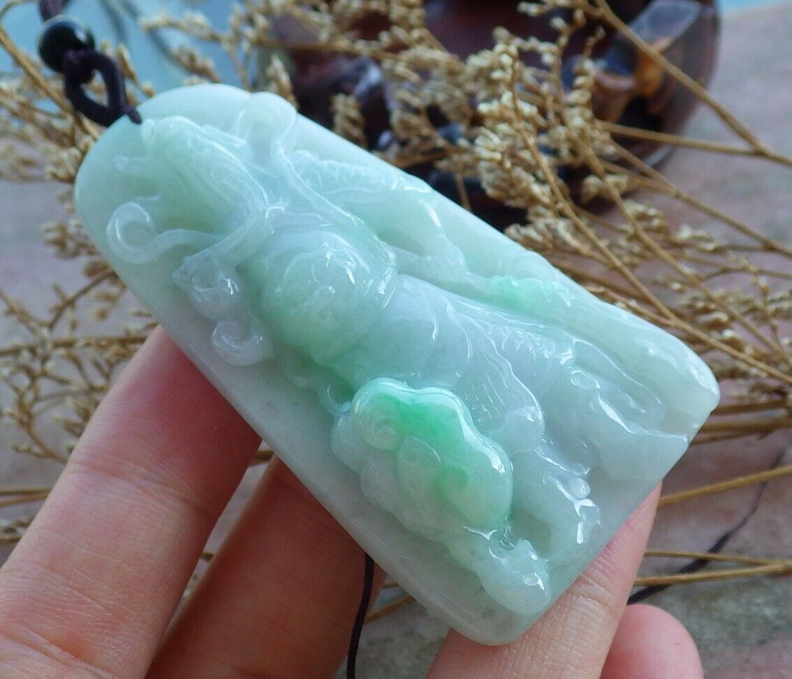 Certified Hand Carved Green Lavender Natural Myanmar Burma A Jade jadeite Guan Gong God Sword Bat Pendant Necklace