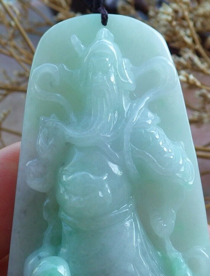 Certified Hand Carved Green Lavender Natural Myanmar Burma A Jade jadeite Guan Gong God Sword Bat Pendant Necklace