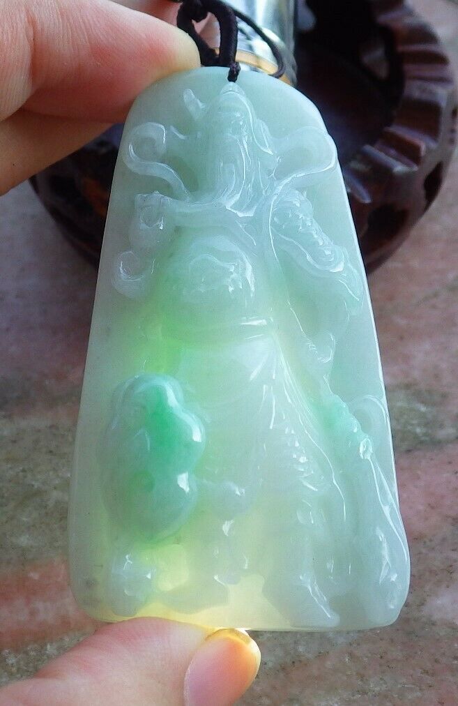 Certified Hand Carved Green Lavender Natural Myanmar Burma A Jade jadeite Guan Gong God Sword Bat Pendant Necklace