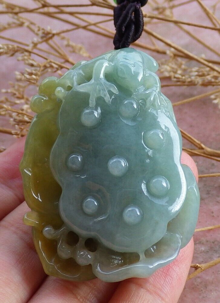 Certified Natural Yellow Myanmar Burma A Jade jadeite Frog Toad Lotus Flower Pendant Necklace