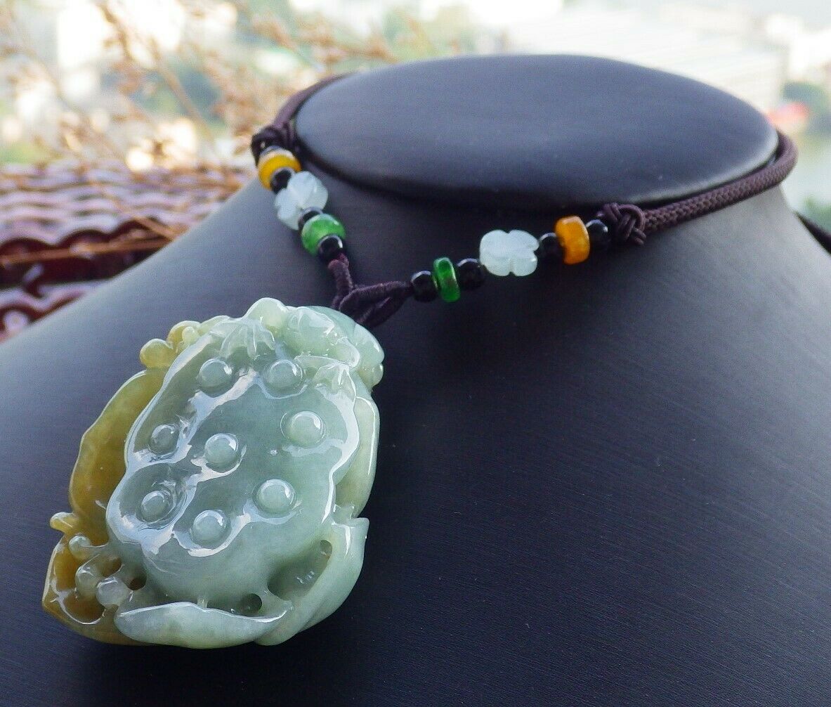 Certified Natural Yellow Myanmar Burma A Jade jadeite Frog Toad Lotus Flower Pendant Necklace